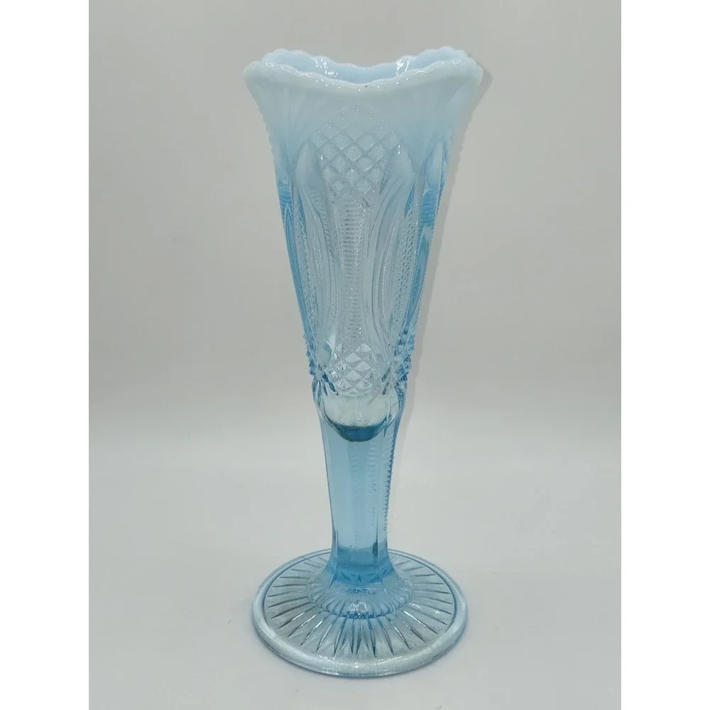 Mosser‎ 1970s Aqua Opalescent Glass Vase Diamond Pattern Pedestal Vase 10